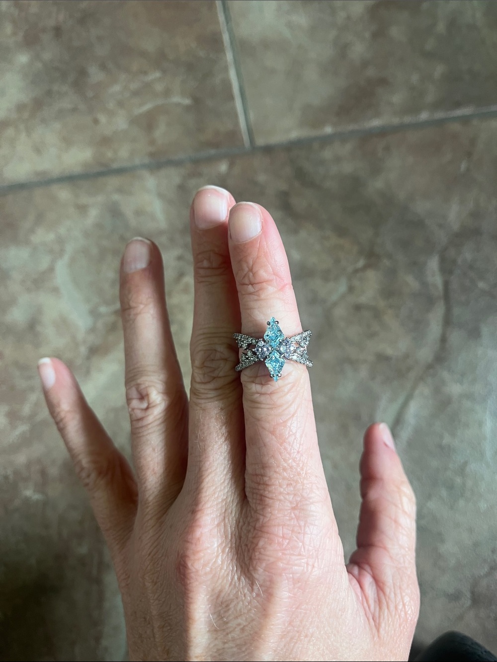 Sterling Silver Blue Marquise Gem & Cubic Zirconia Starburst Ring